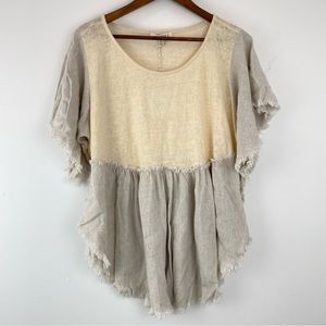 Umgee + size 1XL Women’s Oatmeal Linen Blend Frayed Hem Short Sleeve Top